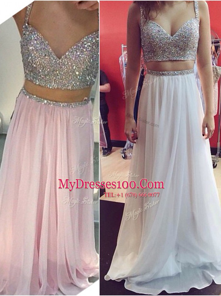 Inexpensive White Chiffon Zipper Spaghetti Straps Sleeveless Floor Length Evening Dress Sequins