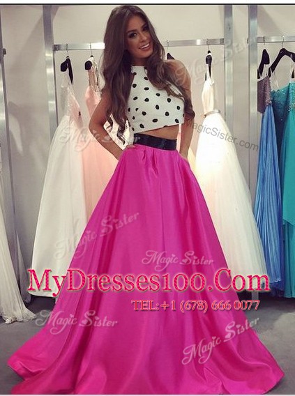Halter Top Fuchsia A-line Ruching Homecoming Dress Zipper Satin Sleeveless Floor Length