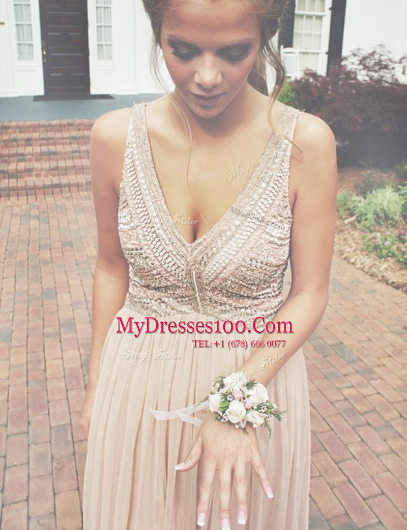 Beading Evening Dress Champagne Zipper Sleeveless Floor Length