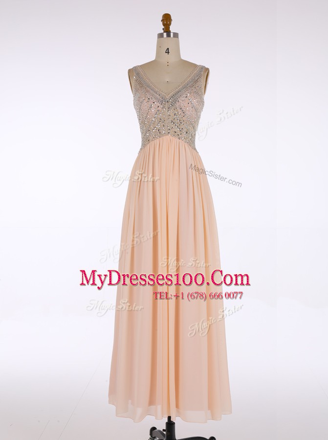 Beading Evening Dress Champagne Zipper Sleeveless Floor Length