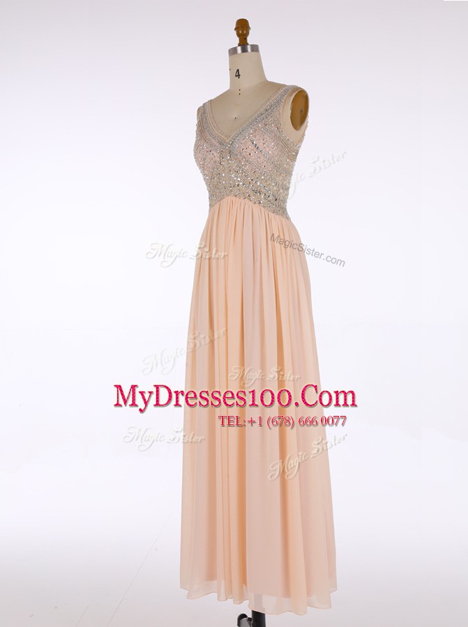 Beading Evening Dress Champagne Zipper Sleeveless Floor Length