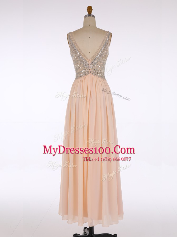 Beading Evening Dress Champagne Zipper Sleeveless Floor Length