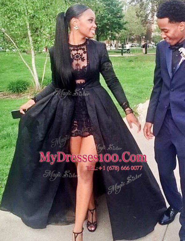Sweet Scoop Black Long Sleeves Lace Floor Length
