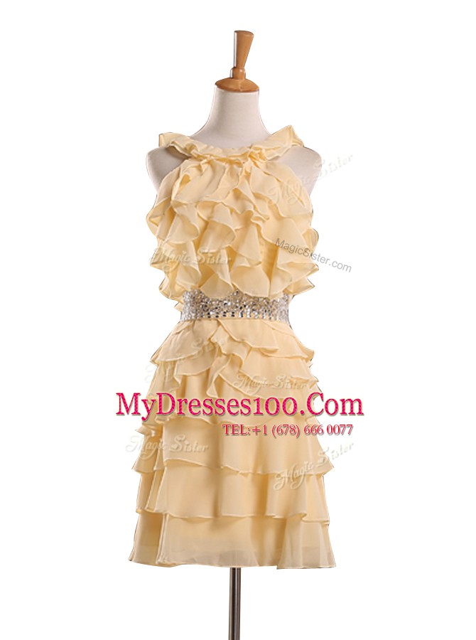 Glorious Halter Top Sleeveless Zipper Evening Dress Gold Chiffon