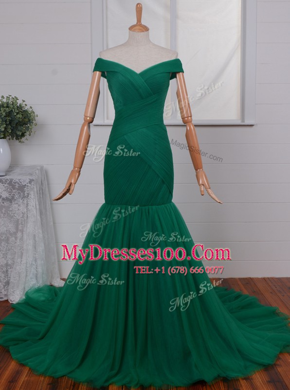 Gorgeous Mermaid Green Tulle Zipper Off The Shoulder Sleeveless Prom Evening Gown Court Train Ruching