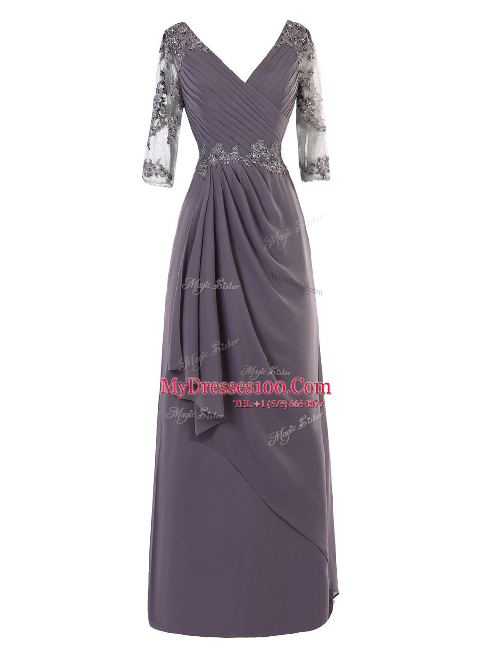 High End A-line Prom Gown Grey V-neck Chiffon Long Sleeves Floor Length Zipper