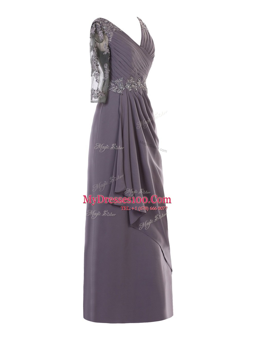 High End A-line Prom Gown Grey V-neck Chiffon Long Sleeves Floor Length Zipper