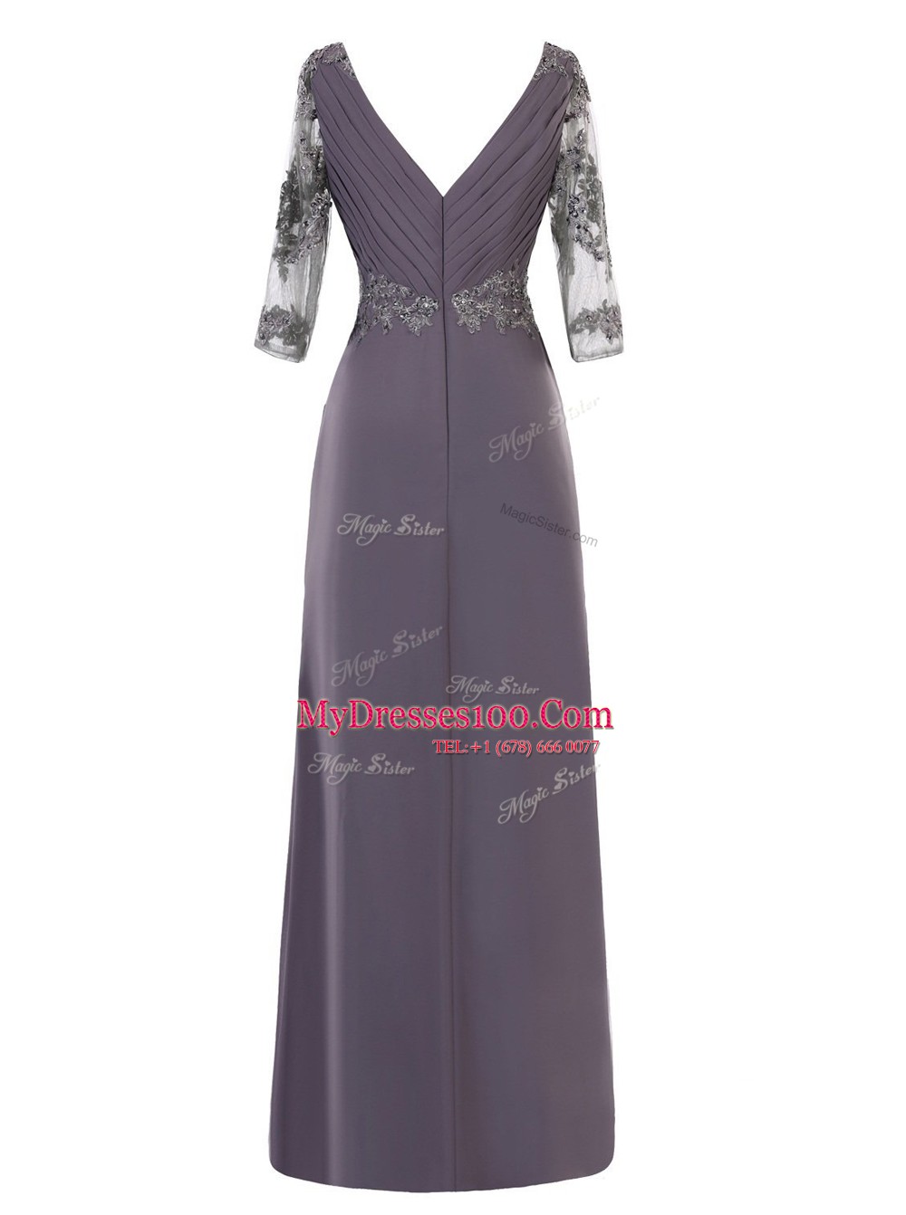 High End A-line Prom Gown Grey V-neck Chiffon Long Sleeves Floor Length Zipper