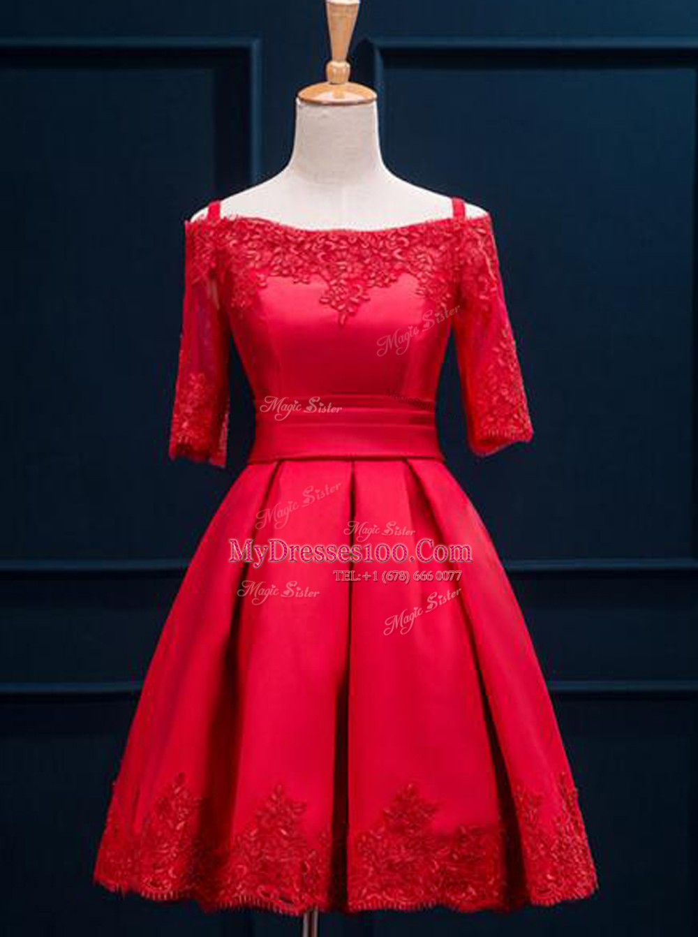 Red Off The Shoulder Lace Up Appliques and Pleated Evening Gowns Half Sleeves