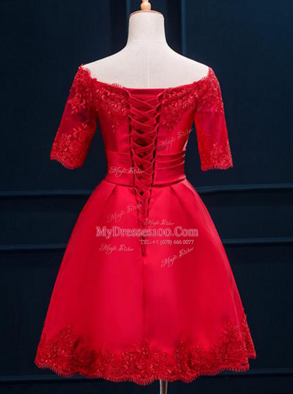Red Off The Shoulder Lace Up Appliques and Pleated Evening Gowns Half Sleeves