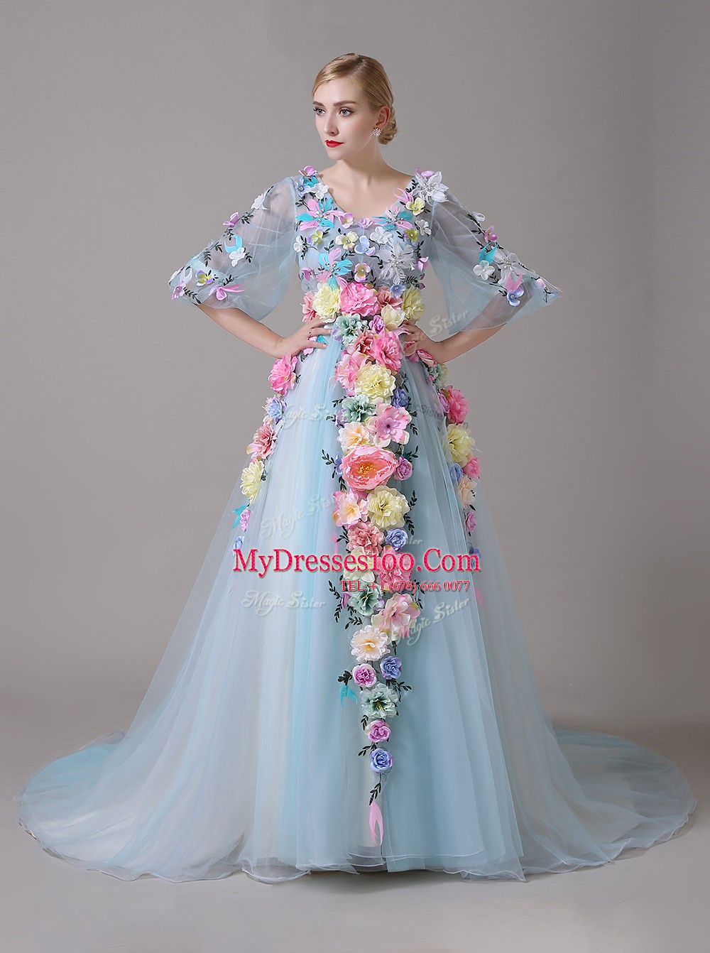 Fashionable Court Train A-line Evening Dress Blue V-neck Organza Half Sleeves With Train Zipper