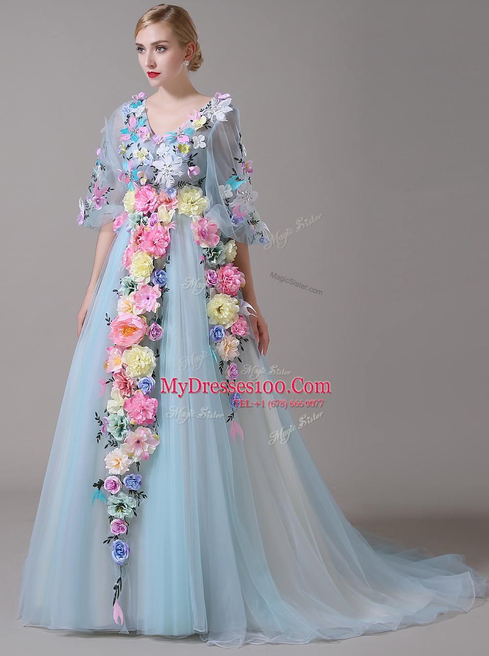 Fashionable Court Train A-line Evening Dress Blue V-neck Organza Half Sleeves With Train Zipper