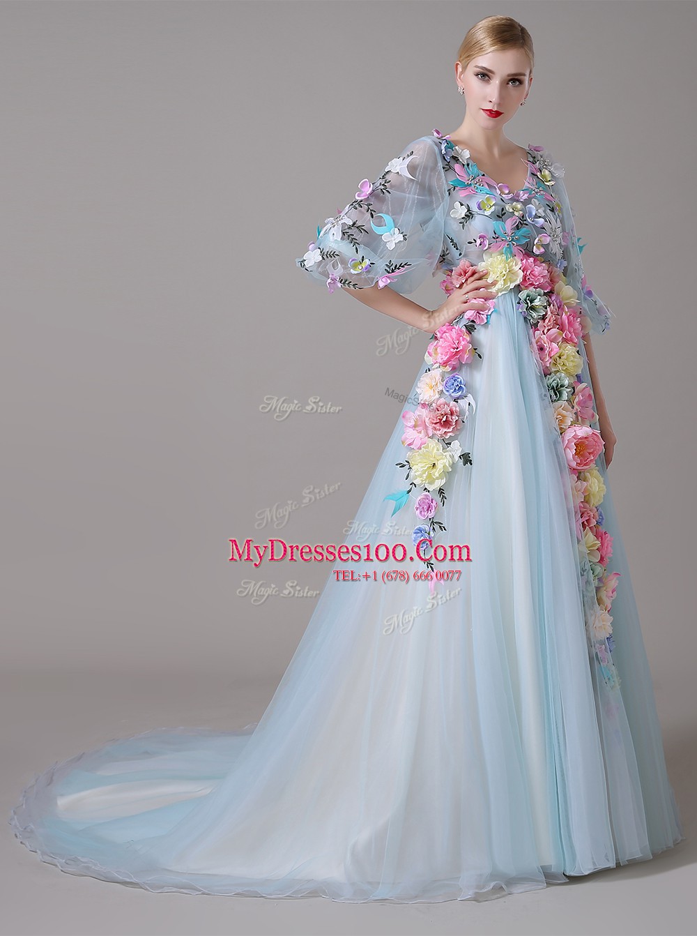 Fashionable Court Train A-line Evening Dress Blue V-neck Organza Half Sleeves With Train Zipper