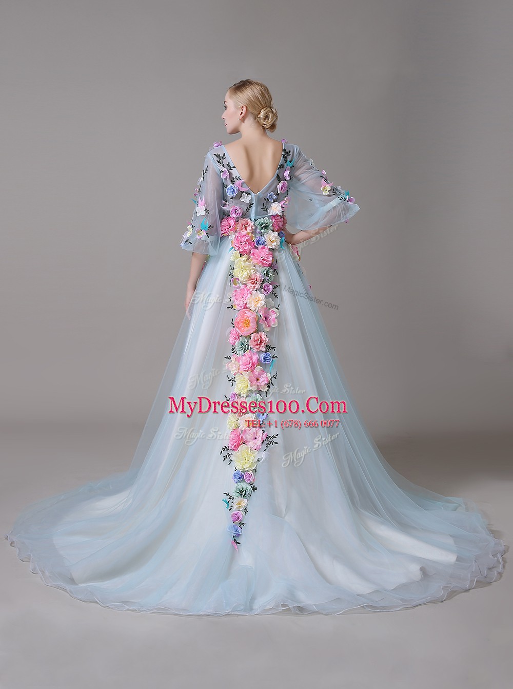 Fashionable Court Train A-line Evening Dress Blue V-neck Organza Half Sleeves With Train Zipper