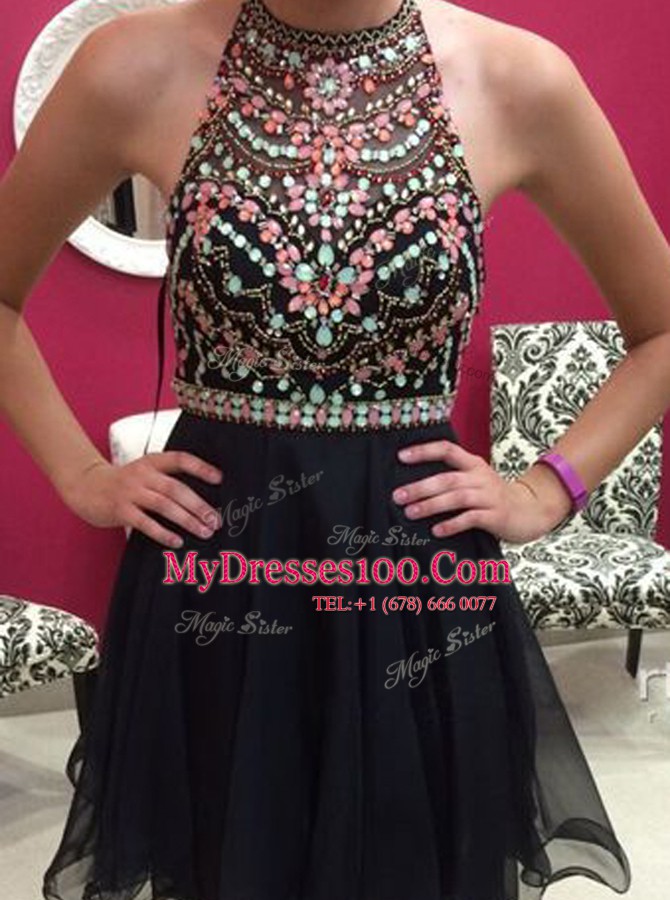 Exceptional Halter Top Mini Length Black Prom Dresses Chiffon Sleeveless Beading