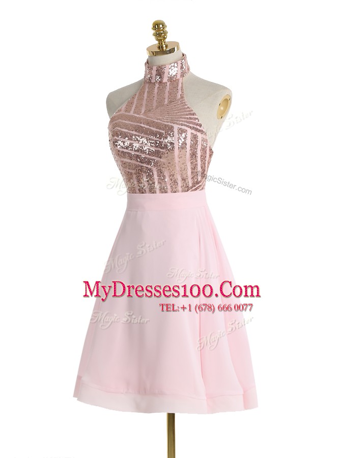 Discount Halter Top Baby Pink Backless Cocktail Dress Sequins Sleeveless Knee Length