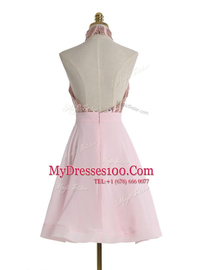 Discount Halter Top Baby Pink Backless Cocktail Dress Sequins Sleeveless Knee Length