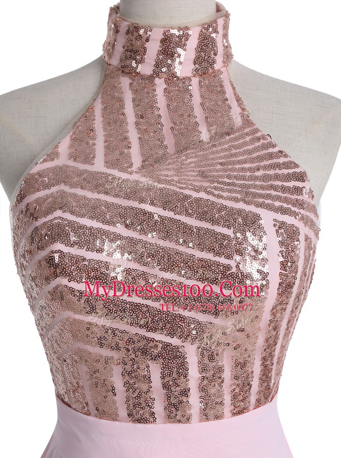 Discount Halter Top Baby Pink Backless Cocktail Dress Sequins Sleeveless Knee Length