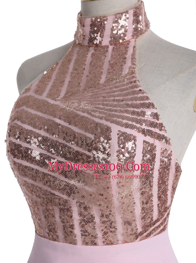 Discount Halter Top Baby Pink Backless Cocktail Dress Sequins Sleeveless Knee Length