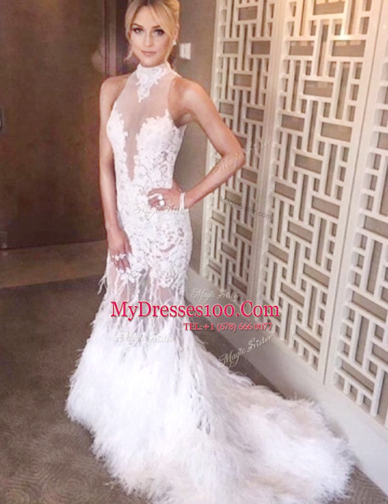 White Mermaid High-neck Sleeveless Tulle Court Train Backless Appliques Homecoming Dress
