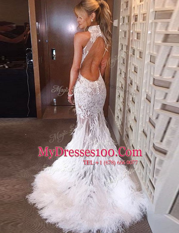 White Mermaid High-neck Sleeveless Tulle Court Train Backless Appliques Homecoming Dress