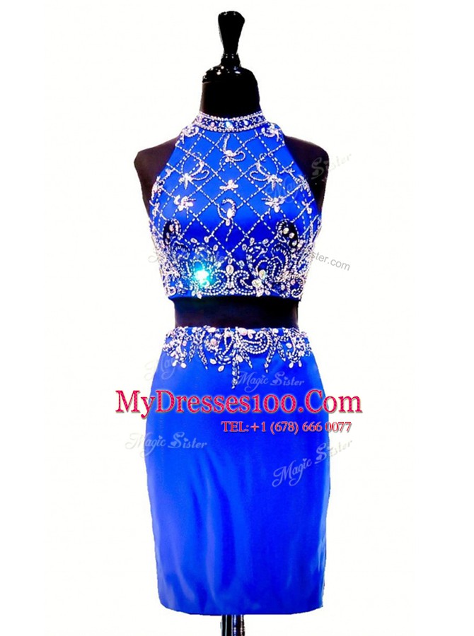 New Arrival Royal Blue Zipper High-neck Beading Evening Outfits Elastic Woven Satin Sleeveless