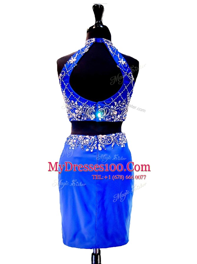 New Arrival Royal Blue Zipper High-neck Beading Evening Outfits Elastic Woven Satin Sleeveless