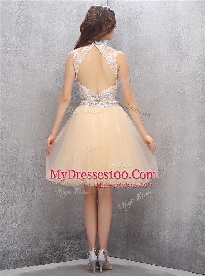 High-neck Sleeveless Womens Party Dresses Knee Length Beading and Embroidery Champagne Tulle