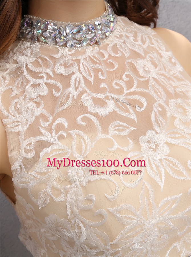 High-neck Sleeveless Womens Party Dresses Knee Length Beading and Embroidery Champagne Tulle