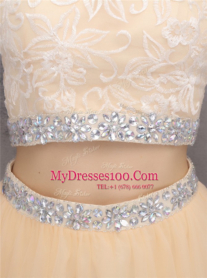 High-neck Sleeveless Womens Party Dresses Knee Length Beading and Embroidery Champagne Tulle