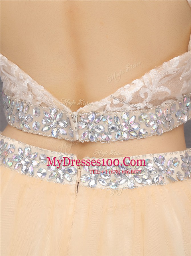 High-neck Sleeveless Womens Party Dresses Knee Length Beading and Embroidery Champagne Tulle