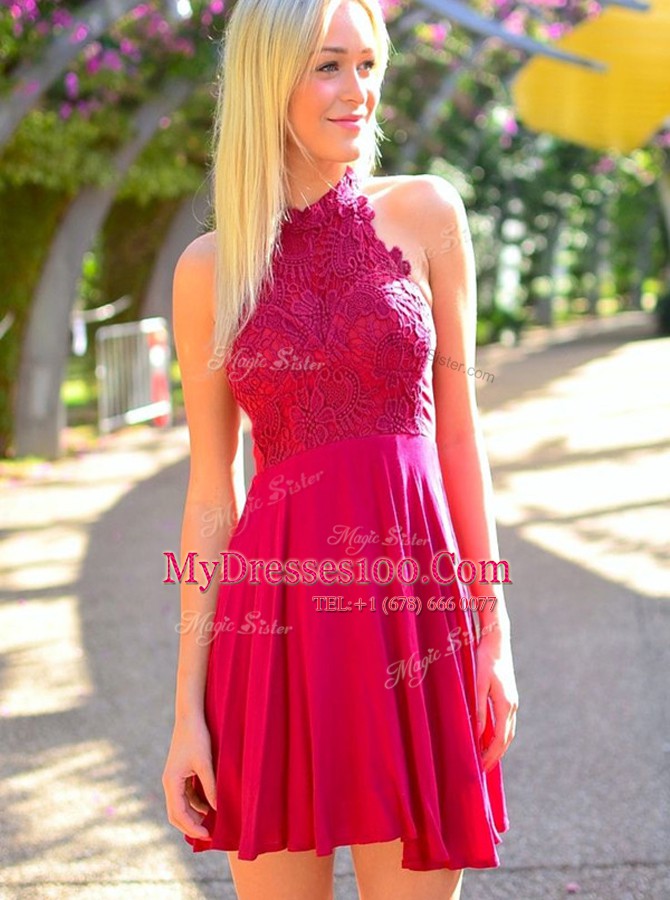 Flirting Halter Top Hot Pink Chiffon Zipper Prom Evening Gown Sleeveless Mini Length Appliques