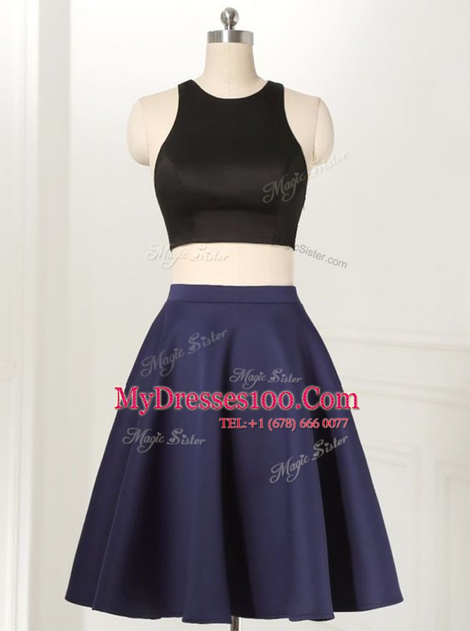 Vintage Scoop Knee Length Navy Blue Prom Evening Gown Satin and Elastic Woven Satin Sleeveless Ruffles