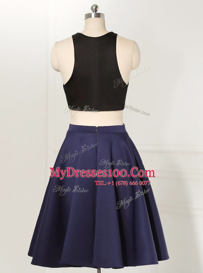 Vintage Scoop Knee Length Navy Blue Prom Evening Gown Satin and Elastic Woven Satin Sleeveless Ruffles