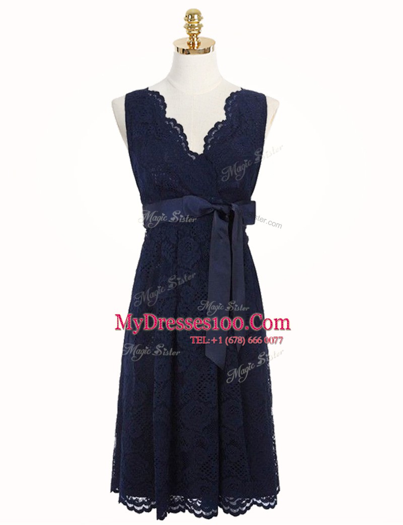 Flirting V-neck Sleeveless Prom Dress Knee Length Sashes ribbons and Bowknot Navy Blue Lace