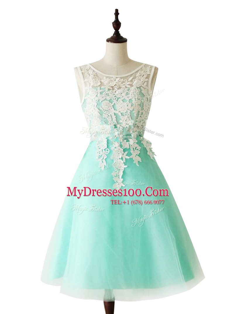 Cute Scoop Sleeveless Knee Length Appliques and Sashes ribbons Zipper Prom Party Dress with Apple Green