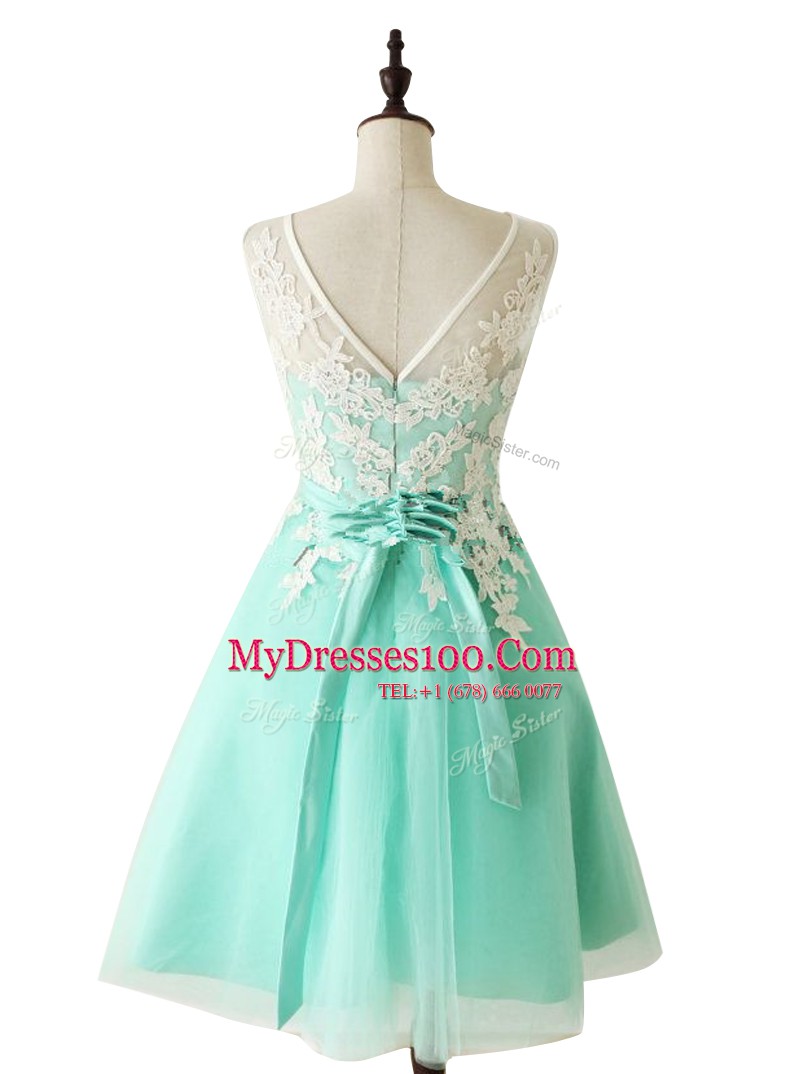 Cute Scoop Sleeveless Knee Length Appliques and Sashes ribbons Zipper Prom Party Dress with Apple Green