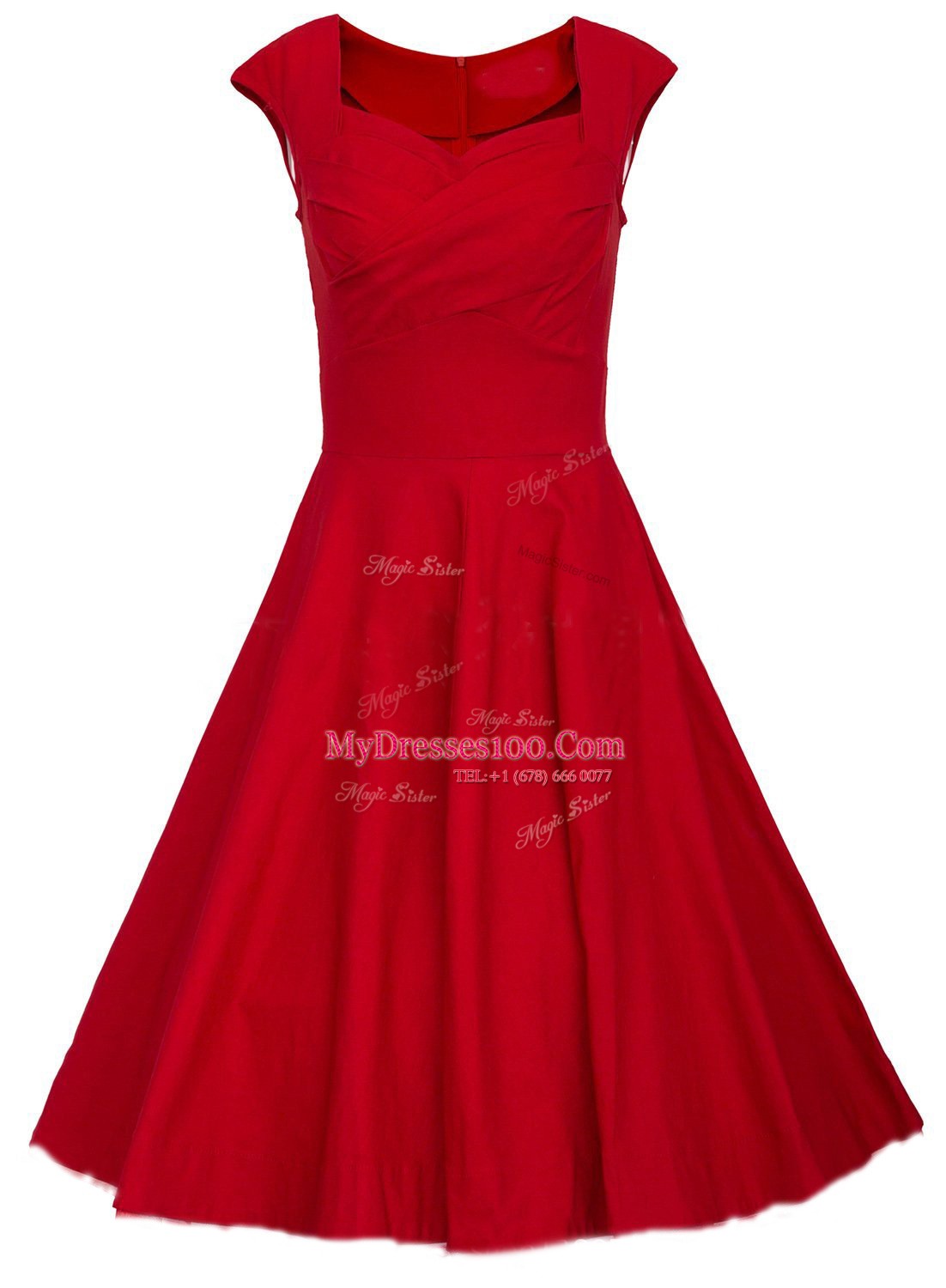Dramatic A-line Prom Evening Gown Red Square Satin Cap Sleeves Knee Length Zipper