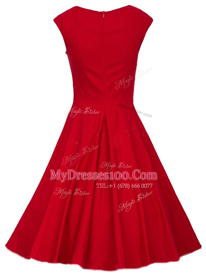 Dramatic A-line Prom Evening Gown Red Square Satin Cap Sleeves Knee Length Zipper