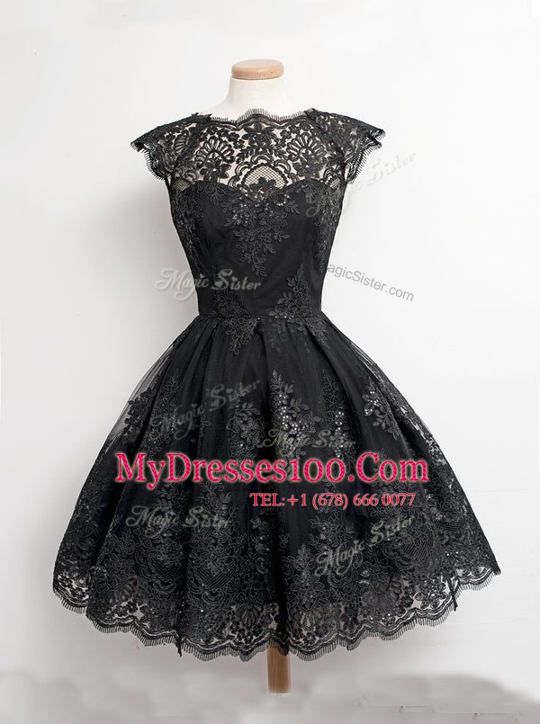Scoop Cap Sleeves Lace Knee Length Zipper in Black with Appliques