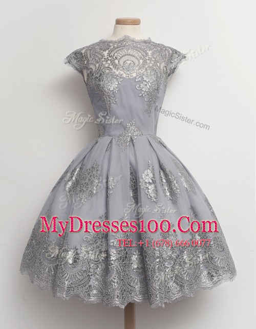 Scoop Cap Sleeves Lace Knee Length Zipper in Black with Appliques