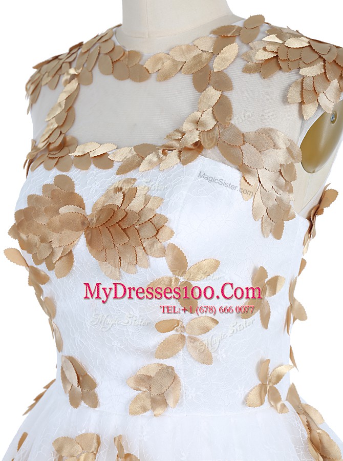 Adorable White Zipper Scoop Appliques Party Dress for Girls Lace Sleeveless