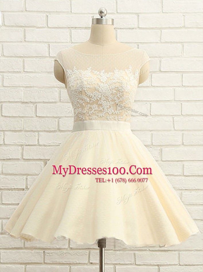 Scoop Knee Length Ball Gowns Cap Sleeves Champagne Custom Made Zipper