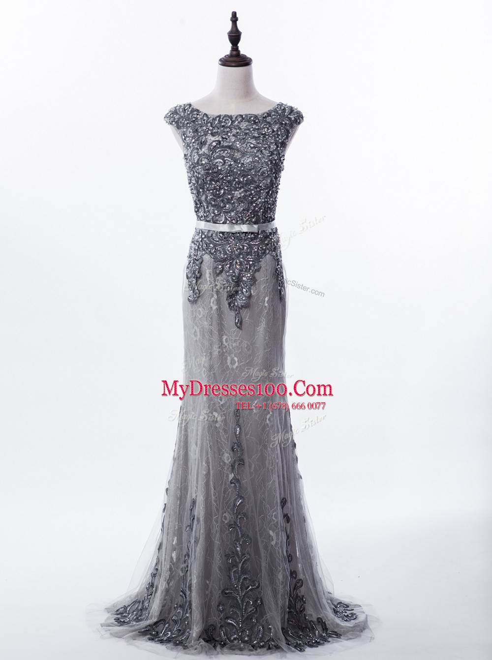Charming Mermaid Scoop Lace Sleeveless Prom Evening Gown Brush Train and Beading
