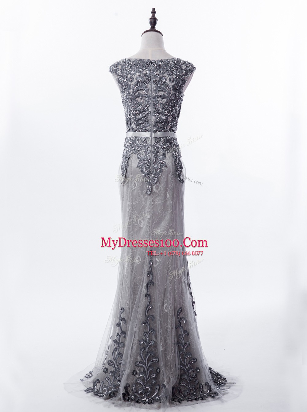 Charming Mermaid Scoop Lace Sleeveless Prom Evening Gown Brush Train and Beading