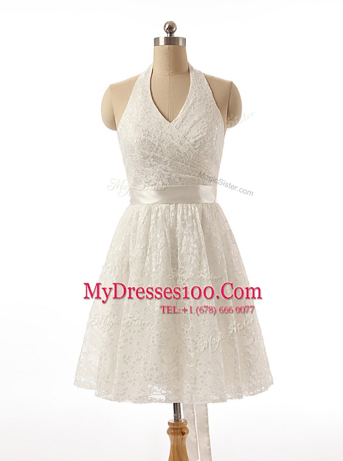 White A-line Sleeveless Lace Knee Length Zipper Lace and Sashes ribbons Evening Dress