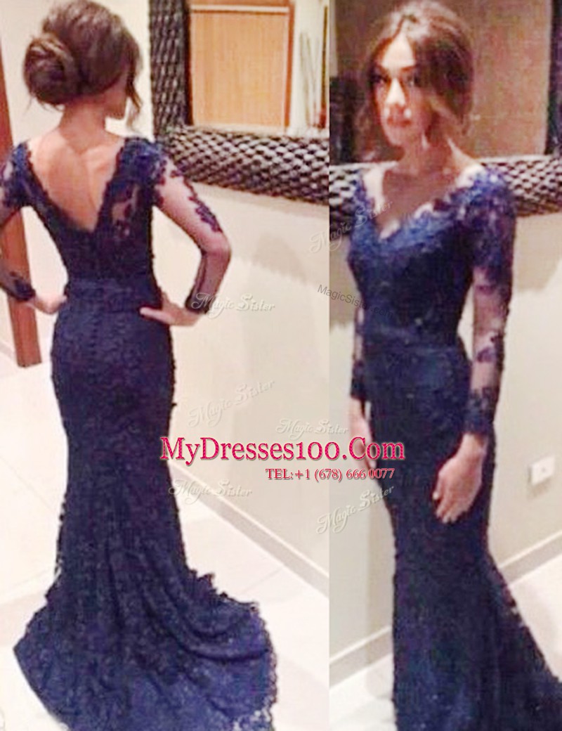 Mermaid Navy Blue V-neck Backless Lace Prom Dress Court Train Long Sleeves