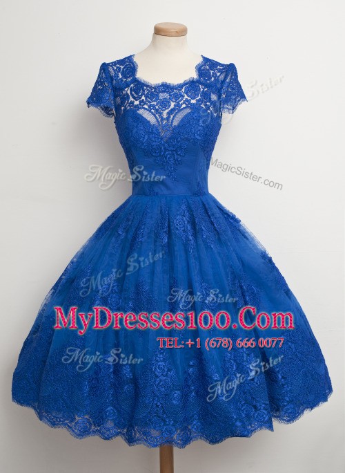 Pretty Royal Blue Lace Zipper Square Cap Sleeves Knee Length Teens Party Dress Lace