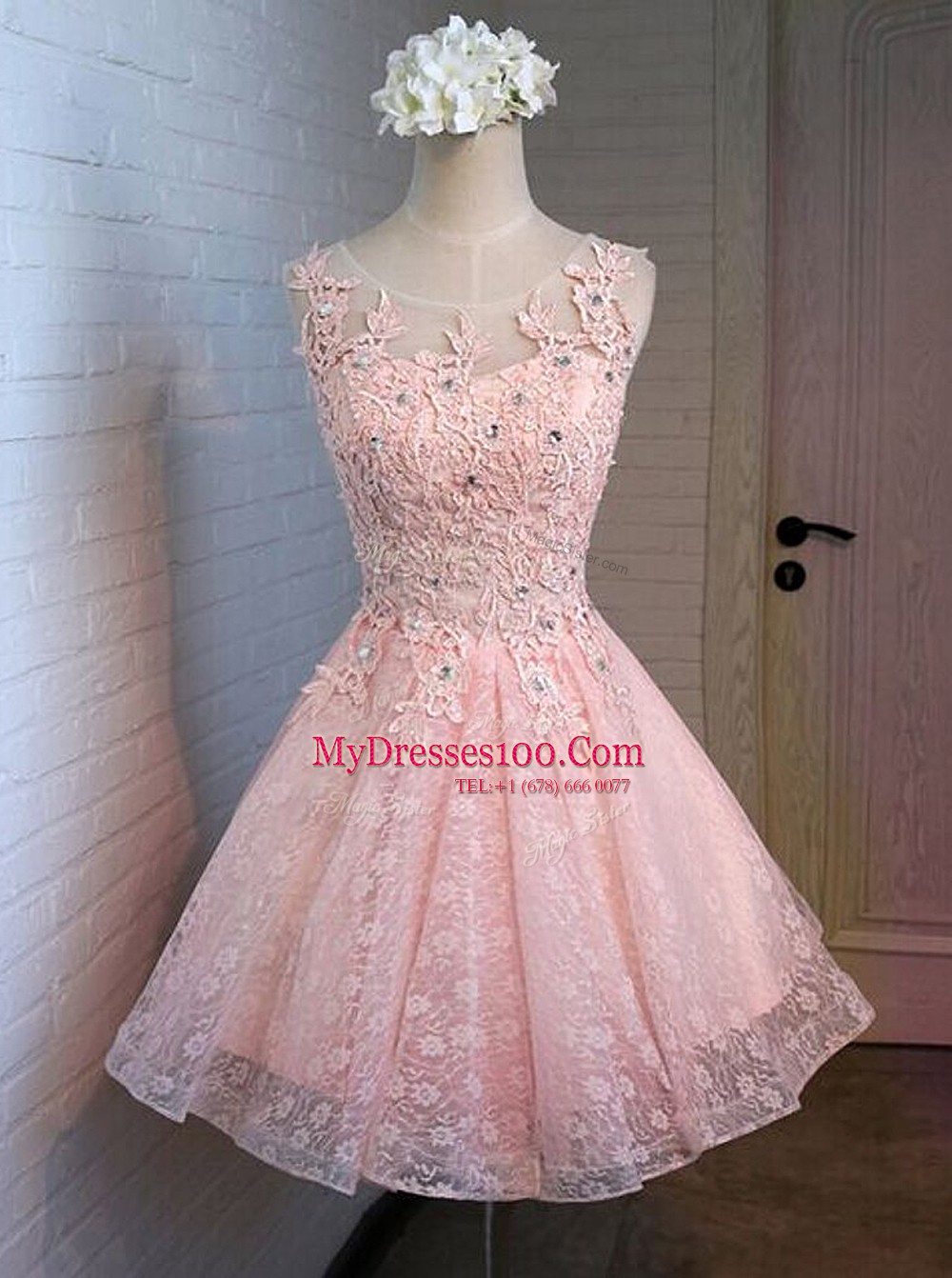 Cheap Pink Lace Lace Up Scoop Sleeveless Mini Length Appliques