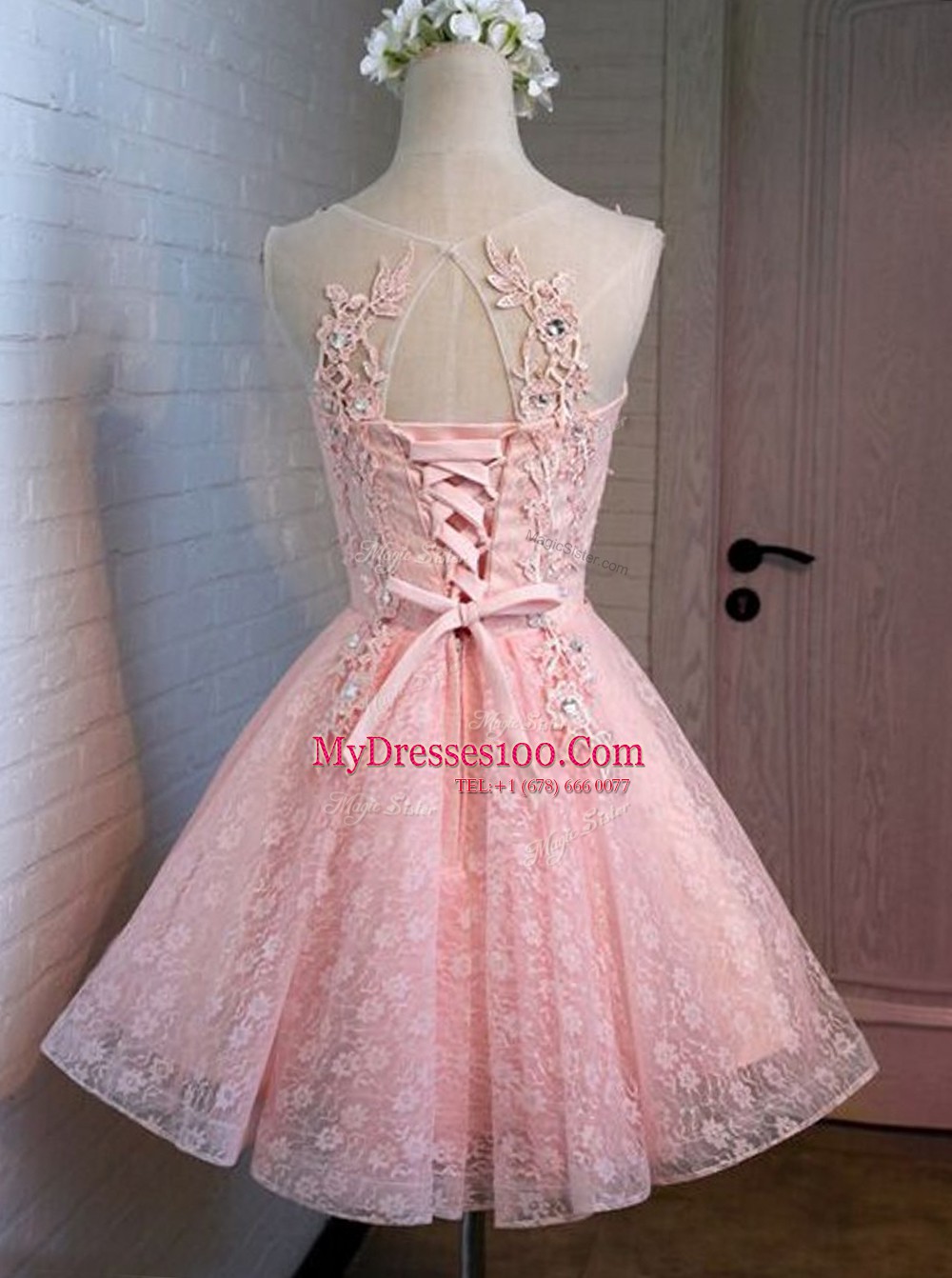 Cheap Pink Lace Lace Up Scoop Sleeveless Mini Length Appliques